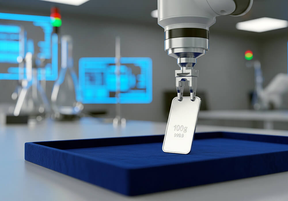 نمایی نزدیک از جزئیات و خلوص حک شده روی شمش نقره 999.9