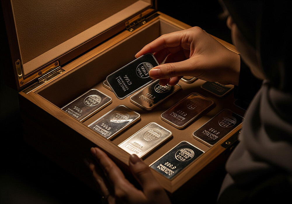 فردی با دستکش سفید یک شمش نقره خالص را برای بررسی کیفیت در دست دارد