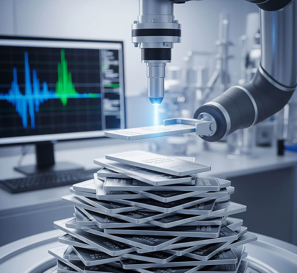 تصویری از شمش های نقره خالص در یک محیط آزمایشگاهی پیشرفته که نماد تکنولوژی و دقت است