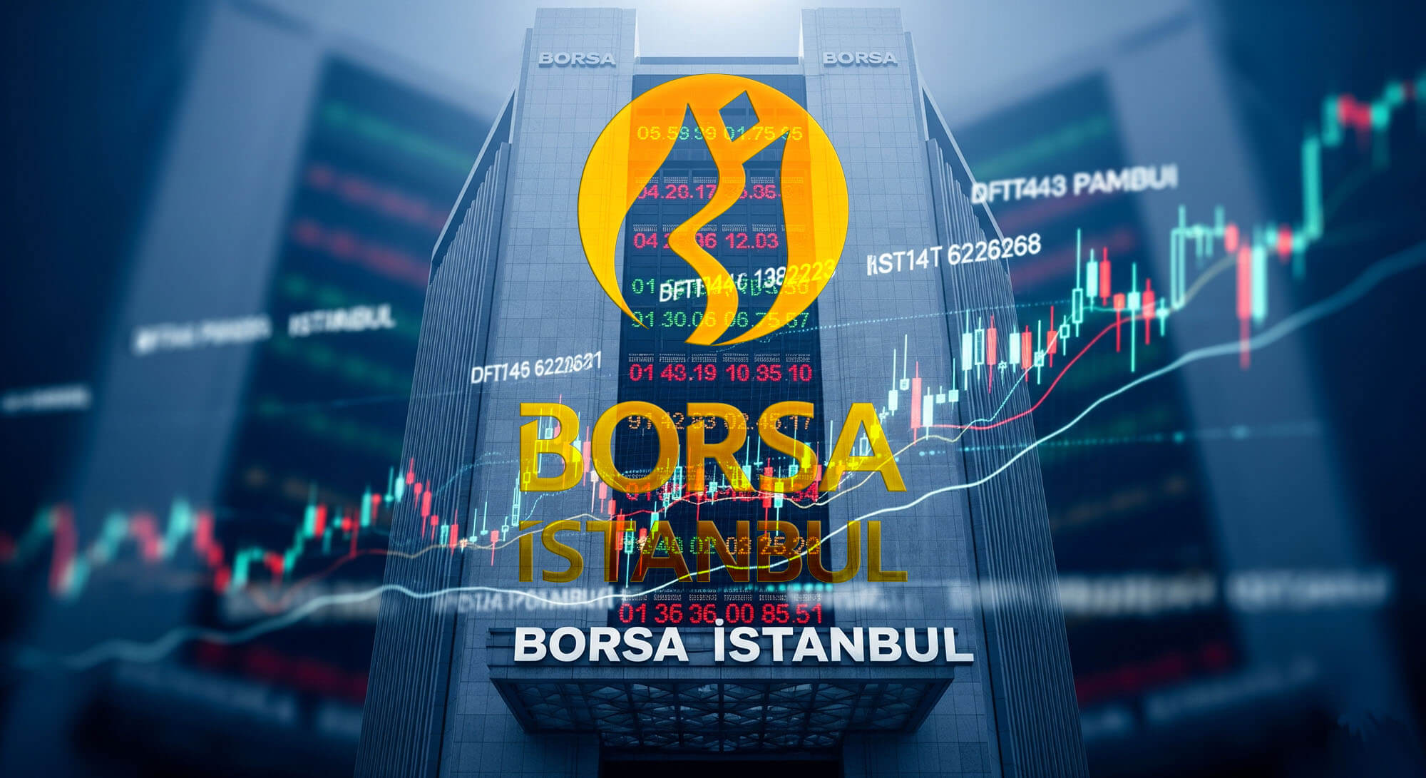پس زمینه نمادین از ساختمان بورس استانبول با نمودارهای مالی